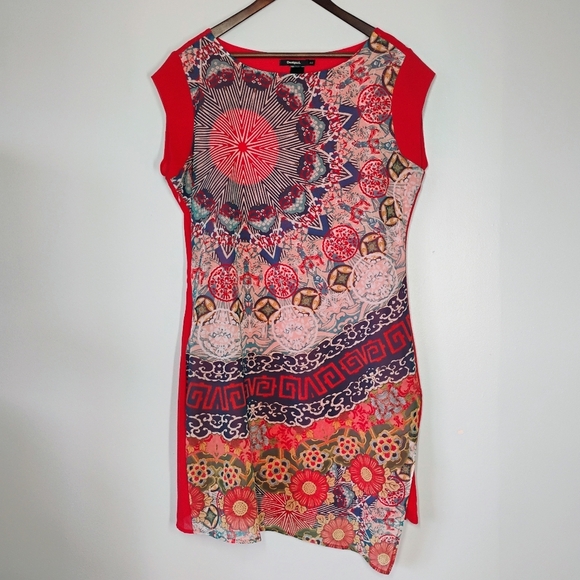 Desigual Tokyo Japan Shift Dress Womens 44 US XL Red Asymmetrical Art To Wear - Picture 2 of 12